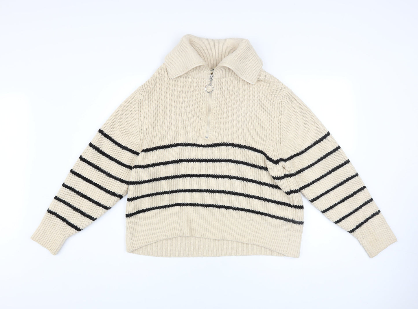 Pull&Bear Women Beige Striped Collared Half Zip Chunky Knit Jumper S