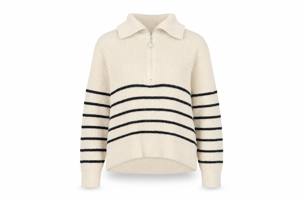 Pull&Bear Women Beige Striped Collared Half Zip Chunky Knit Jumper S