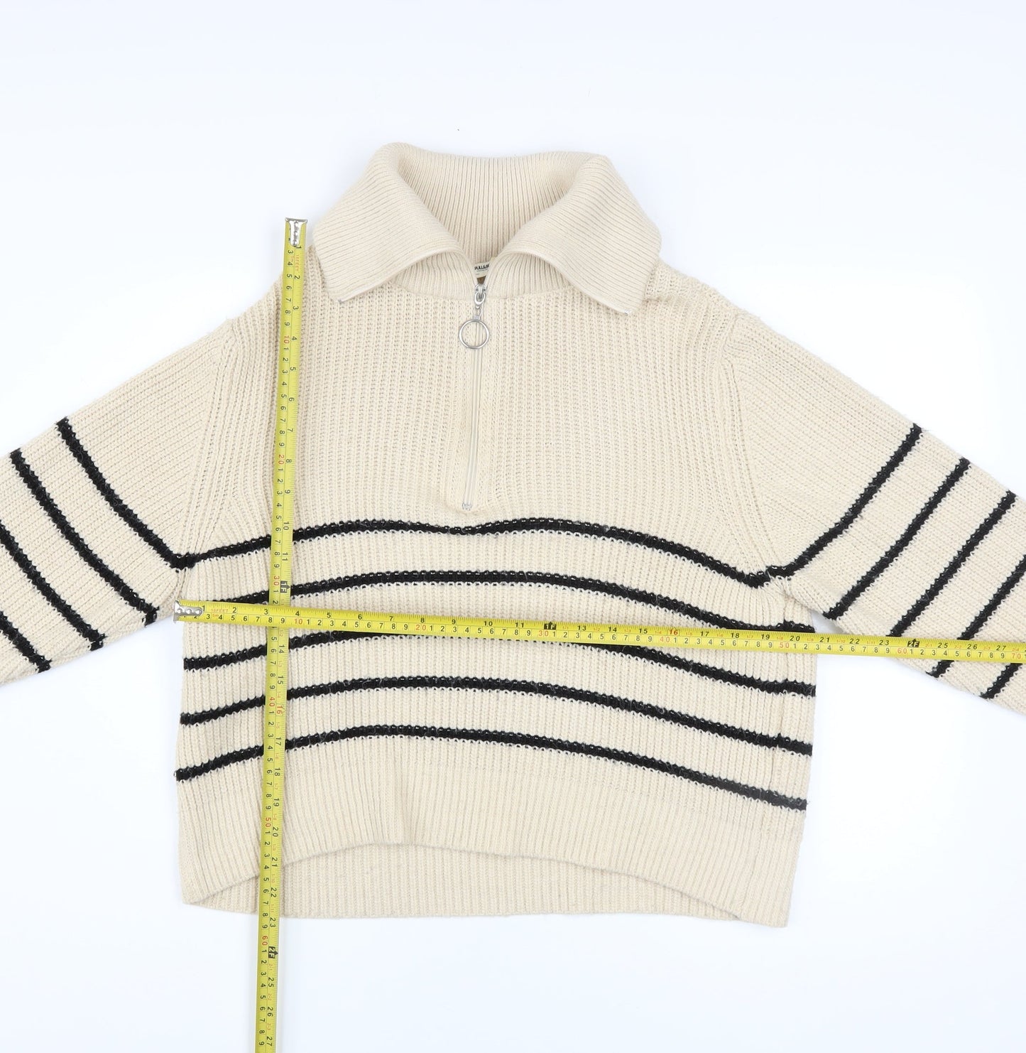 Pull&Bear Women Beige Striped Collared Half Zip Chunky Knit Jumper S