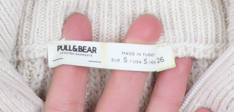 Pull&Bear Women Beige Striped Collared Half Zip Chunky Knit Jumper S