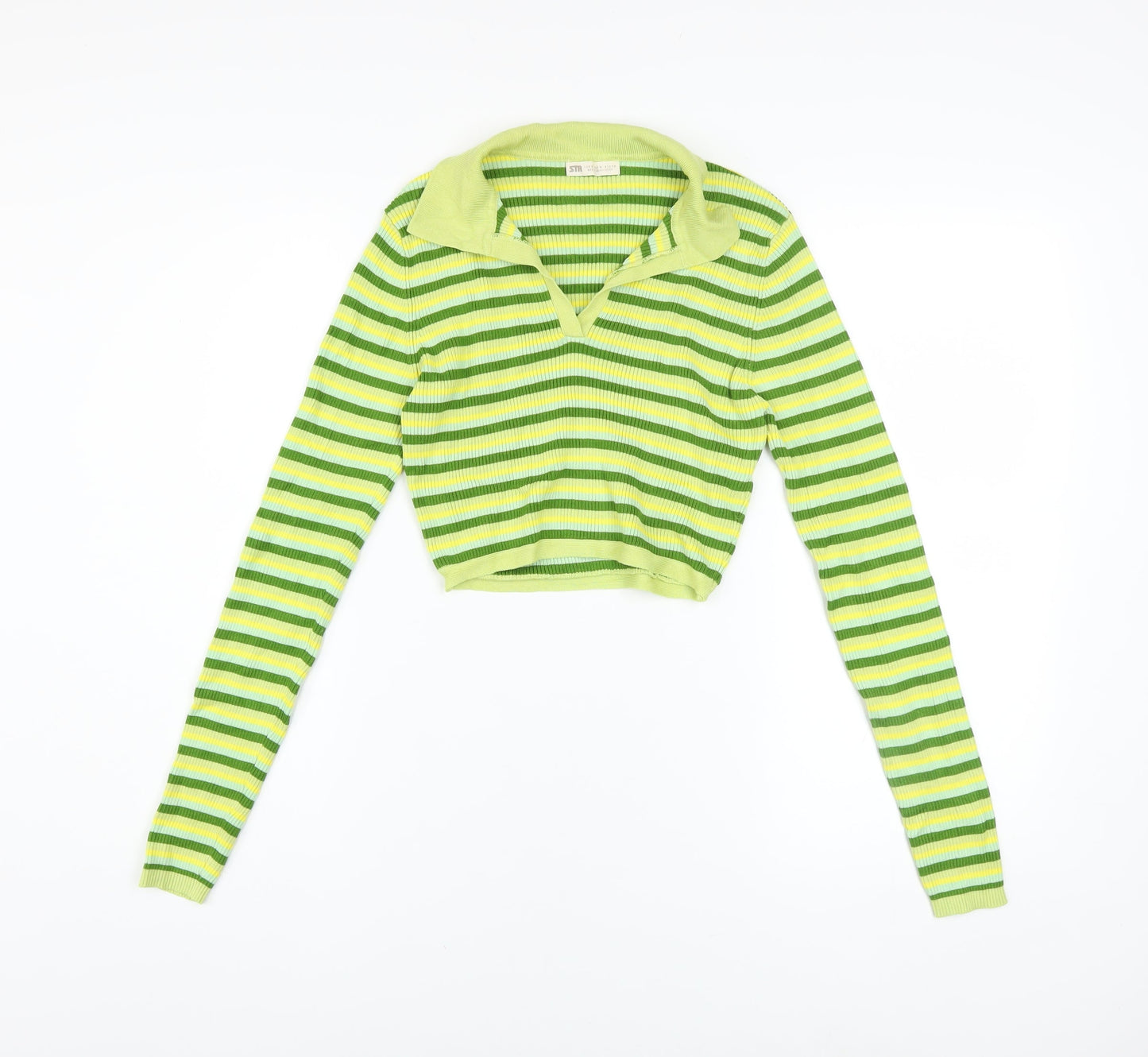 STR Women’s Green Striped Collared Cropped Knit Top Size 12