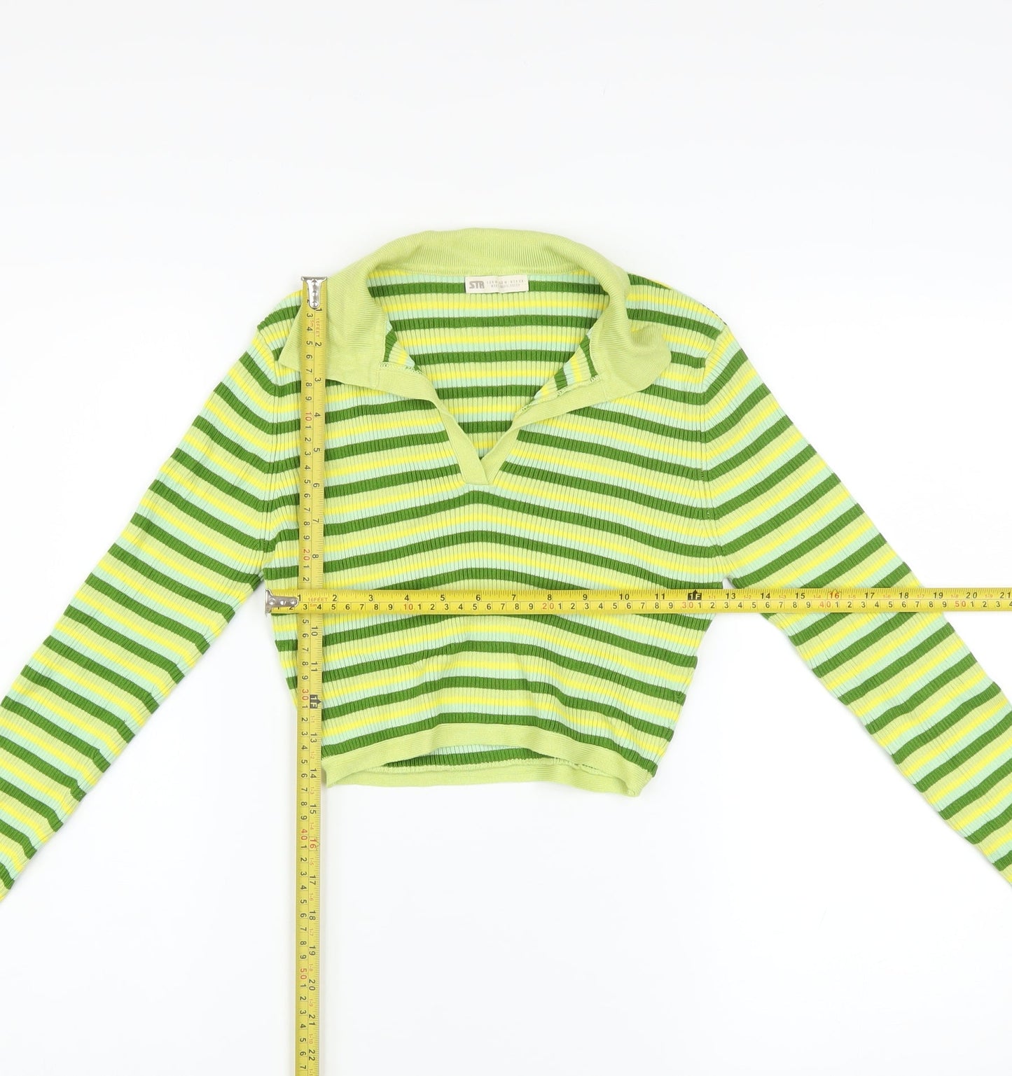 STR Women’s Green Striped Collared Cropped Knit Top Size 12