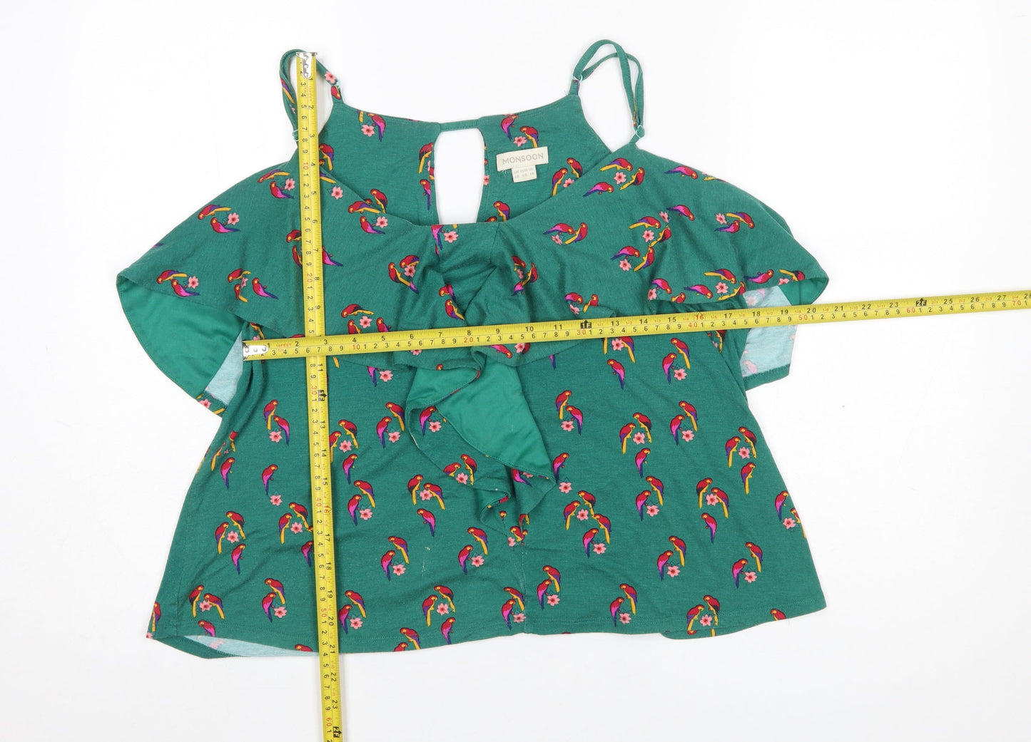 Monsoon Women's Green Parrot Print Ruffle Camisole Top Size 18