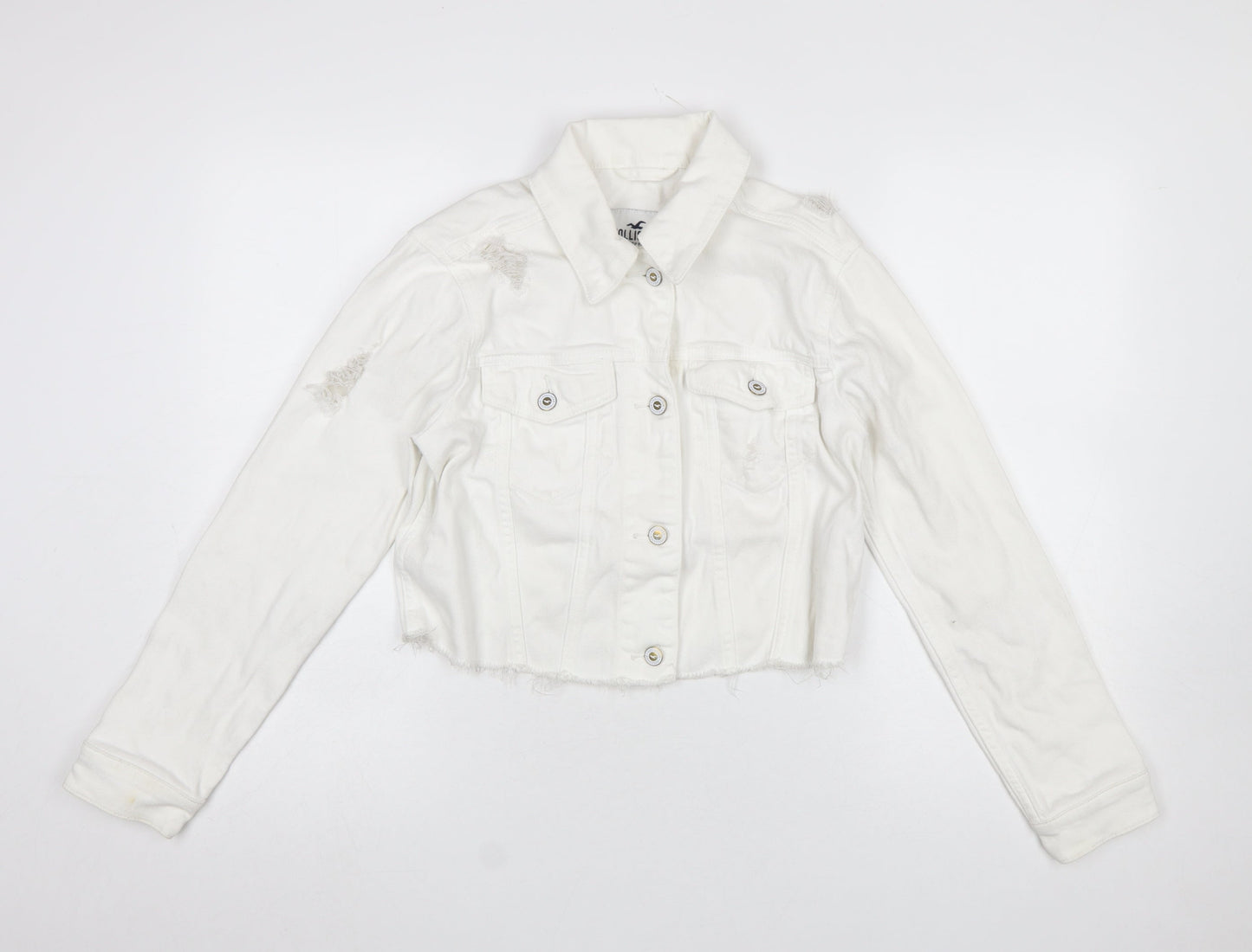 Hollister Womens White Cropped Denim Jacket XS Distressed Frayed Hem