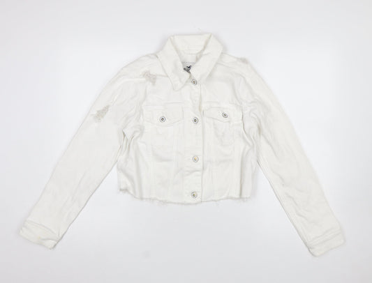 Hollister Womens White Cropped Denim Jacket XS Distressed Frayed Hem