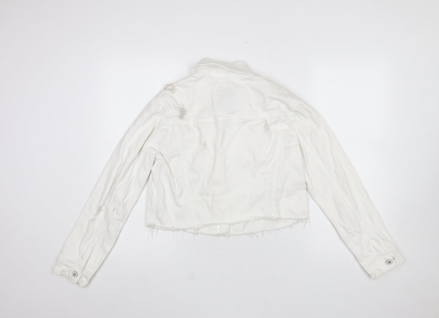 Hollister Womens White Cropped Denim Jacket XS Distressed Frayed Hem