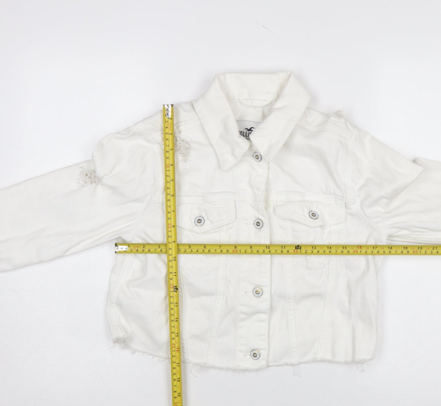Hollister Womens White Cropped Denim Jacket XS Distressed Frayed Hem