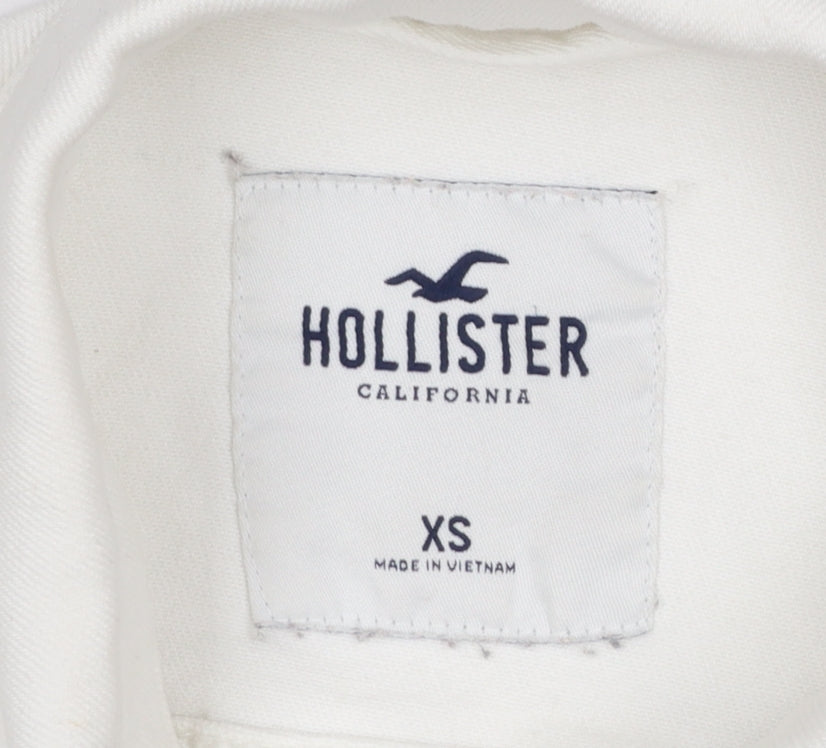 Hollister Womens White Cropped Denim Jacket XS Distressed Frayed Hem
