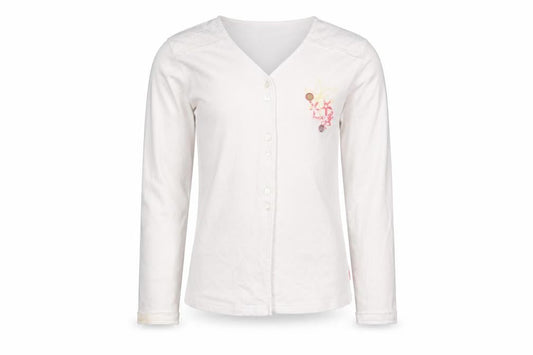 Front view of Mexx girls’ white embroidered button-up long sleeve cotton top 9-10 years