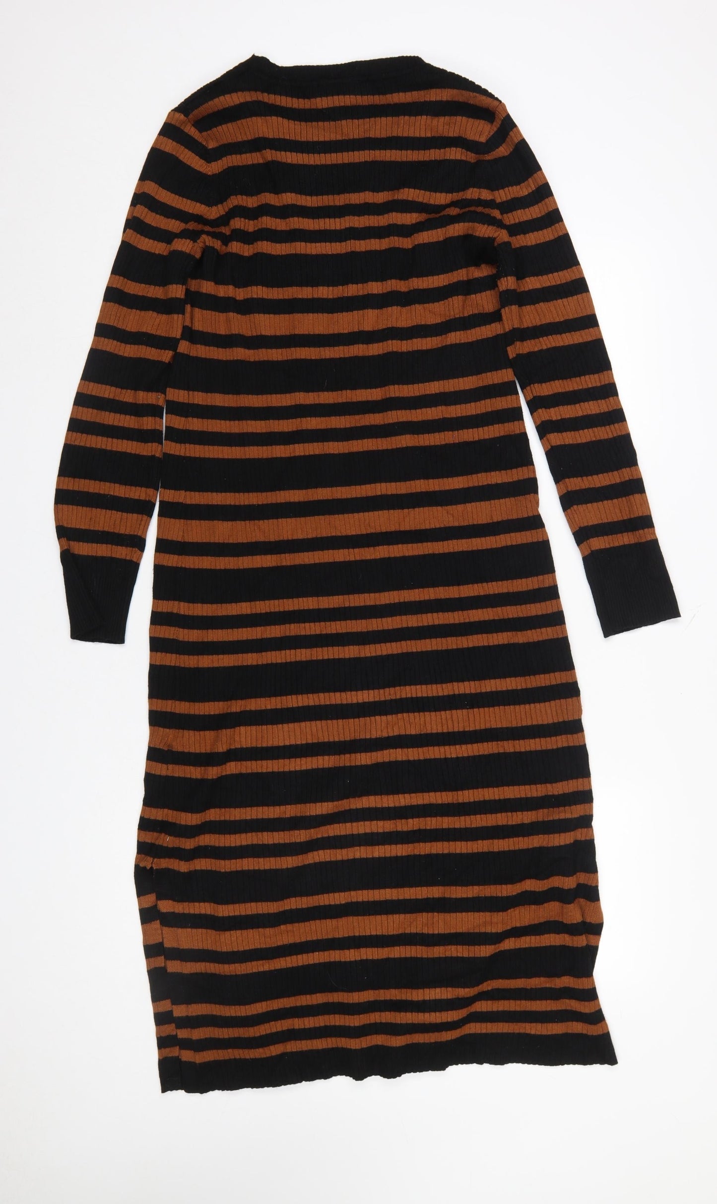 New Look Women’s Brown Black Striped Knit Bodycon Midi Dress Size 16