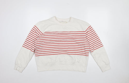 MNG Women Ivory Red Striped Crew Neck Pullover Sweatshirt L