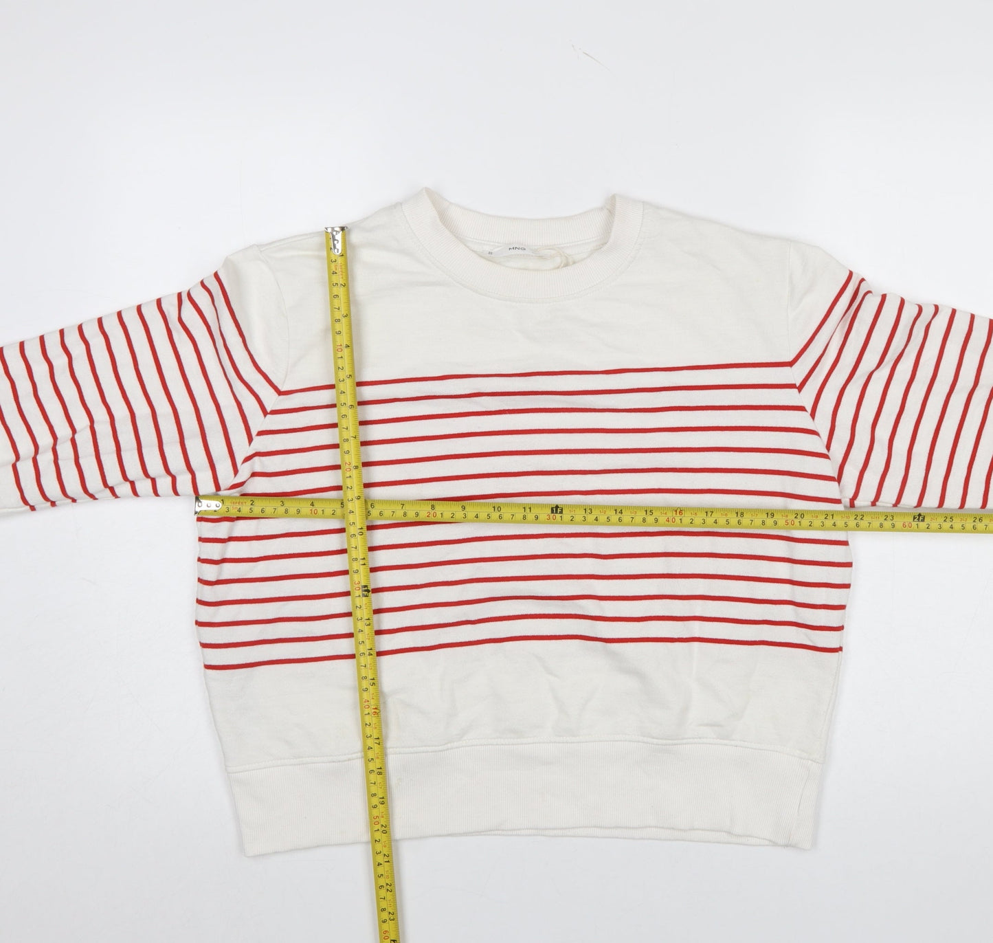 MNG Women Ivory Red Striped Crew Neck Pullover Sweatshirt L