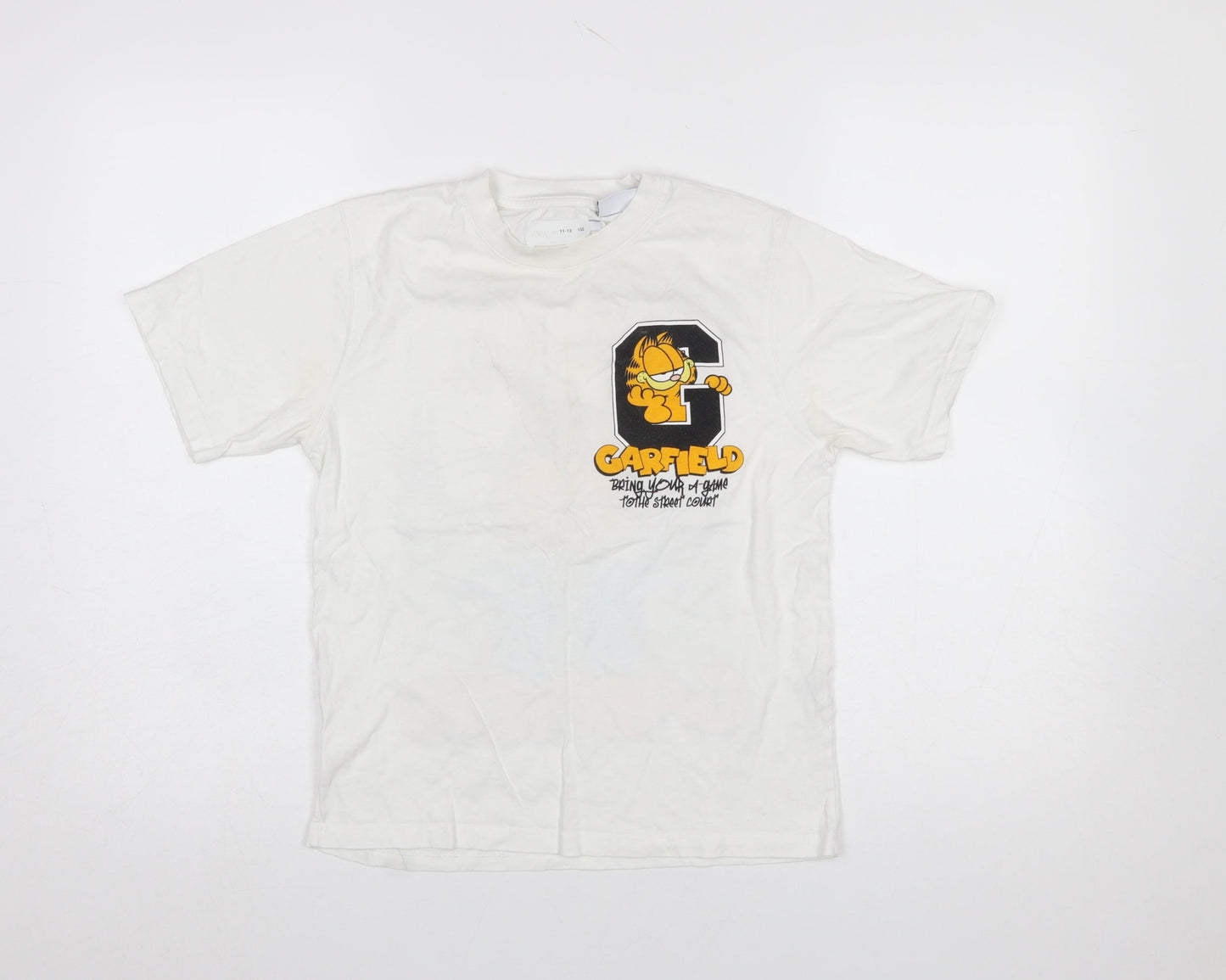 Zara Girls White Garfield Graphic T-Shirt 11-12 Years Casual Cotton Top