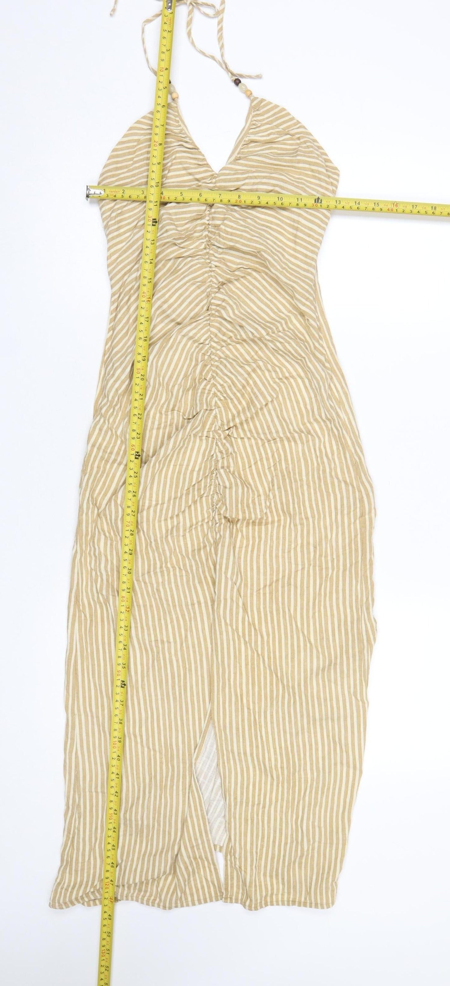 Zara Women Beige Striped Halter Midi Slip Dress XS Woven Linen Cotton