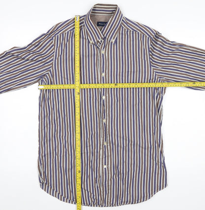 Back view of Massimo Dutti Men's Brown Striped Button-Up Shirt, size M, Long Sleeve