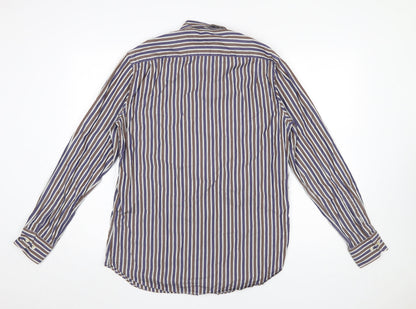 Close-up detail of Massimo Dutti Men's Brown Striped Button-Up Shirt, size M, Long Sleeve