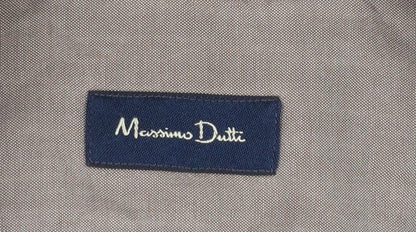 Brand and care label for Massimo Dutti Men's Brown Striped Button-Up Shirt, size M, Long Sleeve