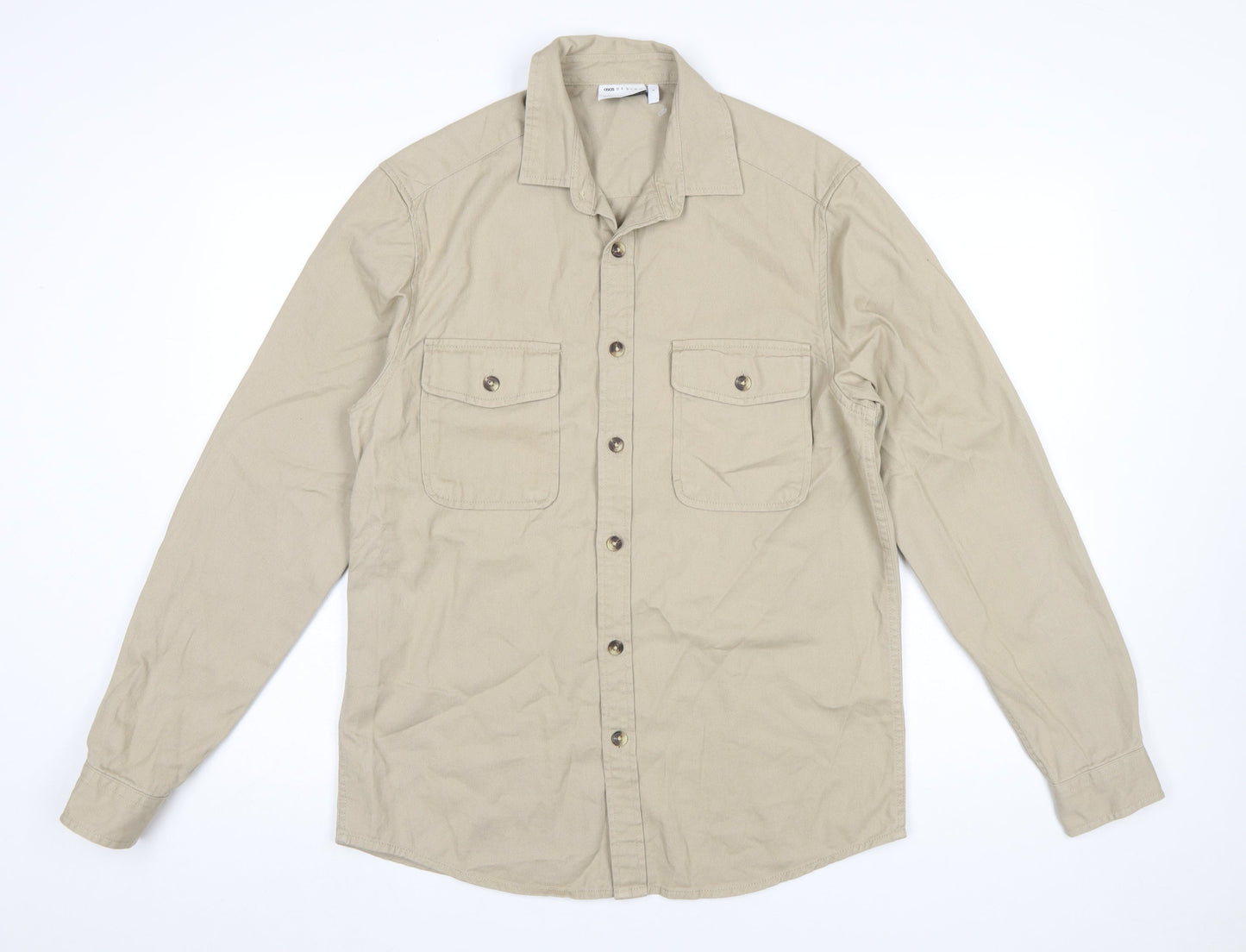 ASOS DESIGN Men's Beige Cotton Button-Up Shirt Size S Long Sleeve