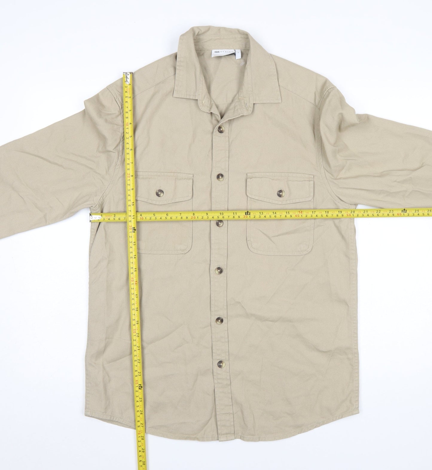 ASOS DESIGN Men's Beige Cotton Button-Up Shirt Size S Long Sleeve