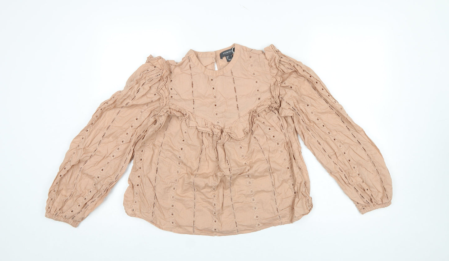 Primark Women Beige Ruffle Cotton Long Sleeve Tunic Blouse Size 6