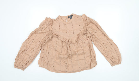 Primark Women Beige Ruffle Cotton Long Sleeve Tunic Blouse Size 6