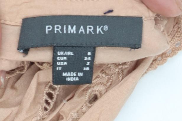 Primark Women Beige Ruffle Cotton Long Sleeve Tunic Blouse Size 6