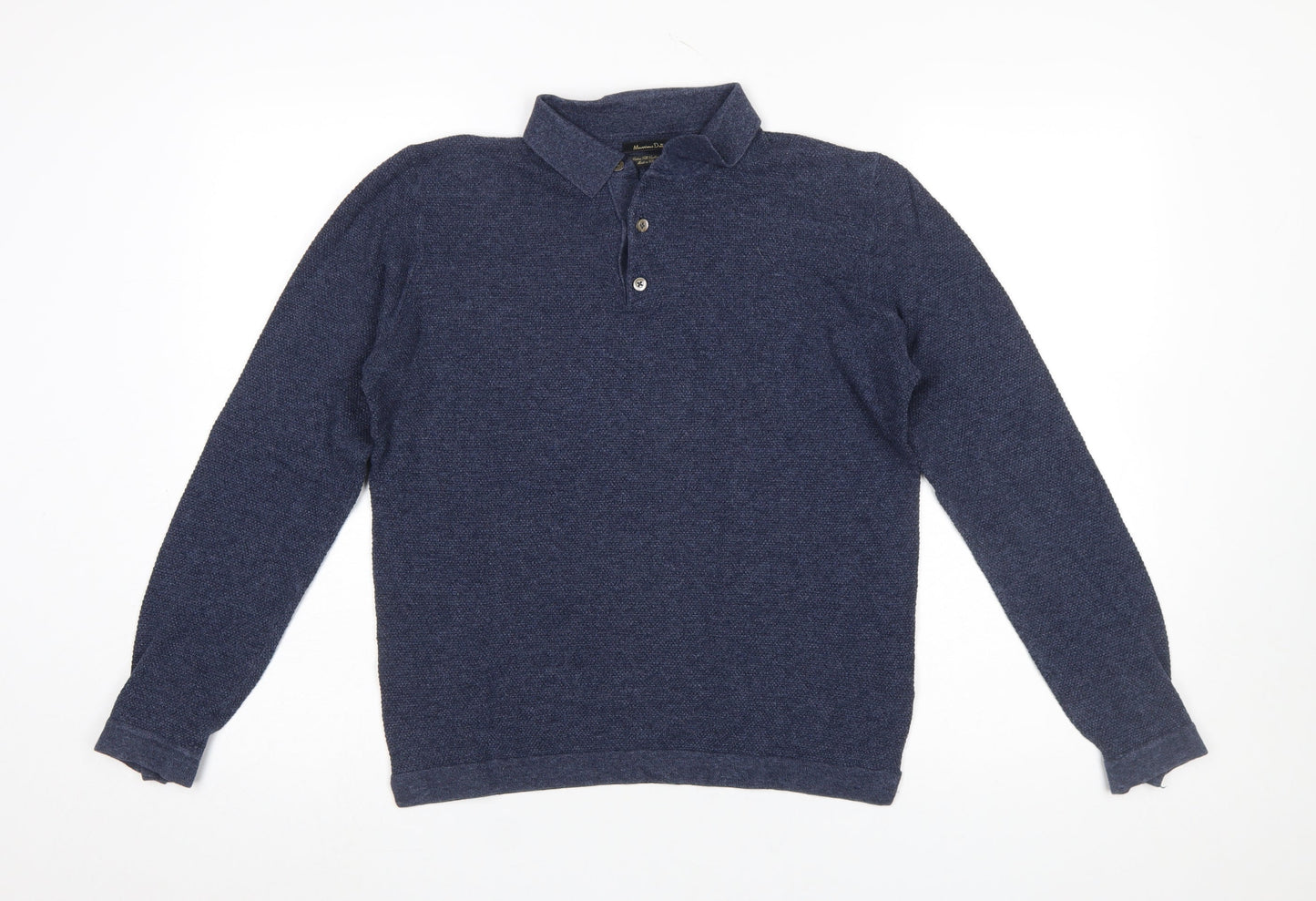 Massimo Dutti Men's Blue Cotton Silk Cashmere Long Sleeve Polo M