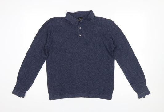 Massimo Dutti Men's Blue Cotton Silk Cashmere Long Sleeve Polo M
