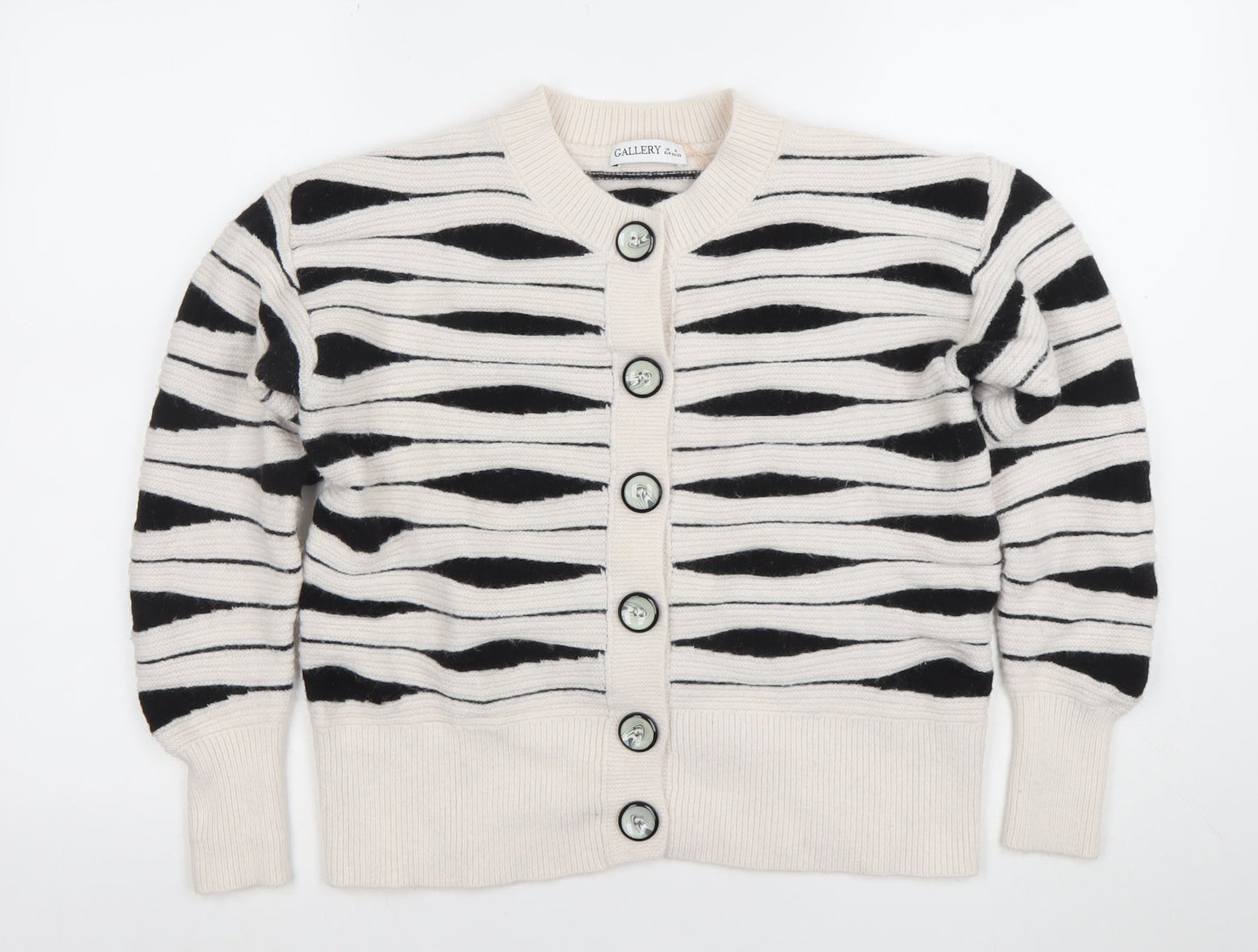Gallery Women’s Ivory Black Striped Chunky Knit Cardigan Size S
