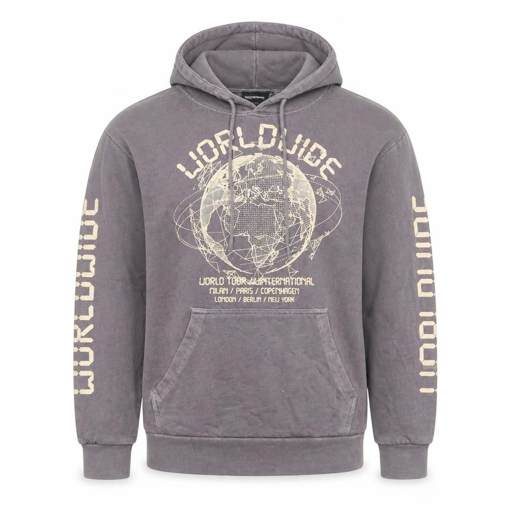 PRETTYLITTLETHING Men's Grey Graphic Hoodie M Pullover World Tour