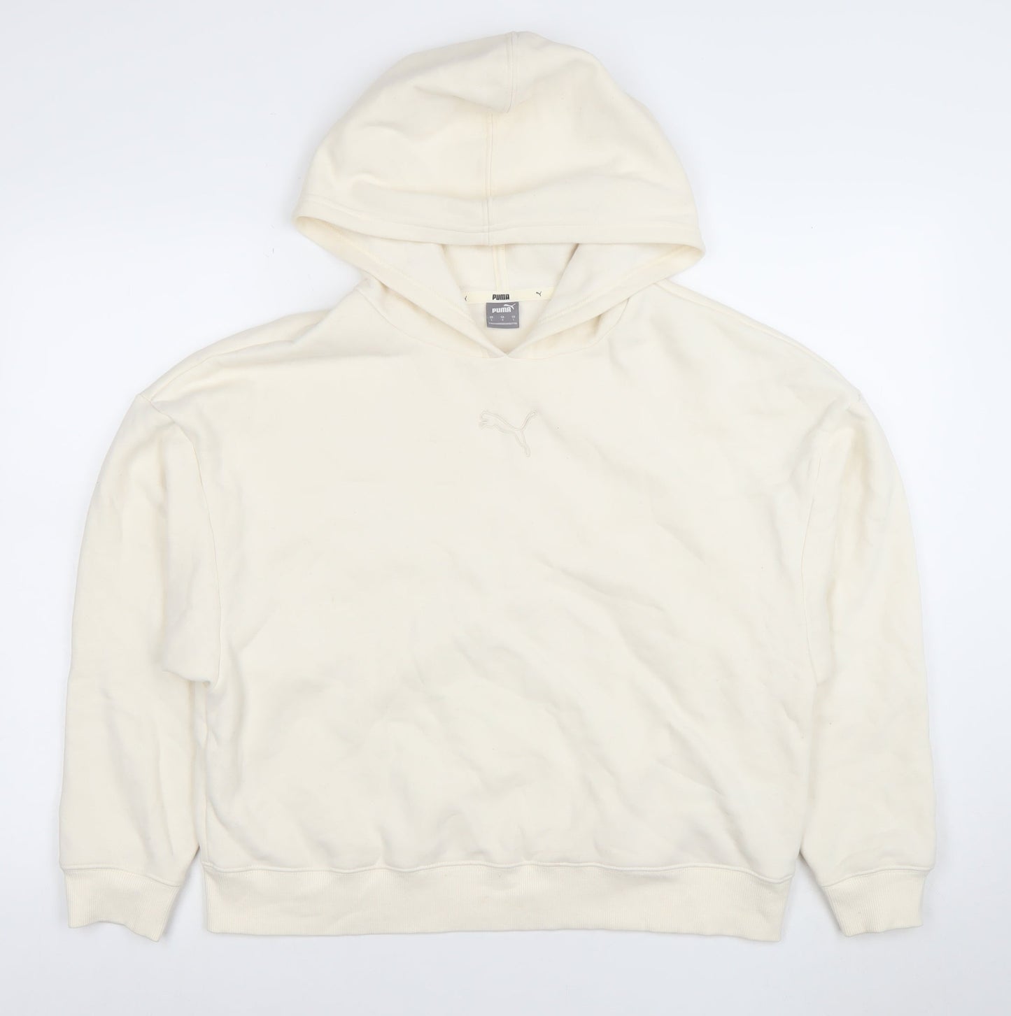 Puma Women Ivory Pullover Hoodie L Cotton Blend Logo Casual