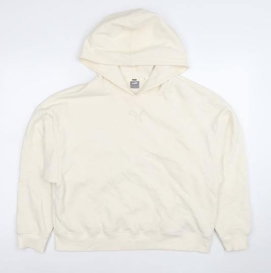 Puma Women Ivory Pullover Hoodie L Cotton Blend Logo Casual
