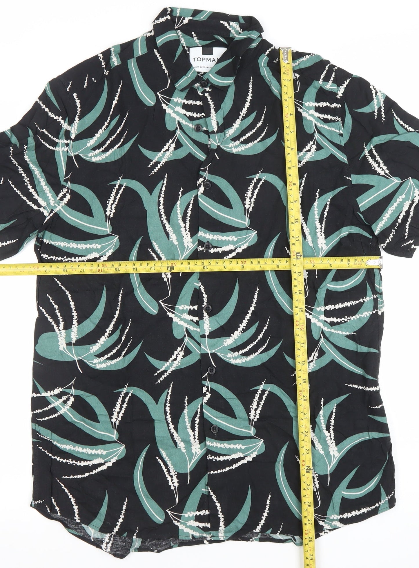 Topman Men's Black Green Floral Short Sleeve Button-Up Shirt M