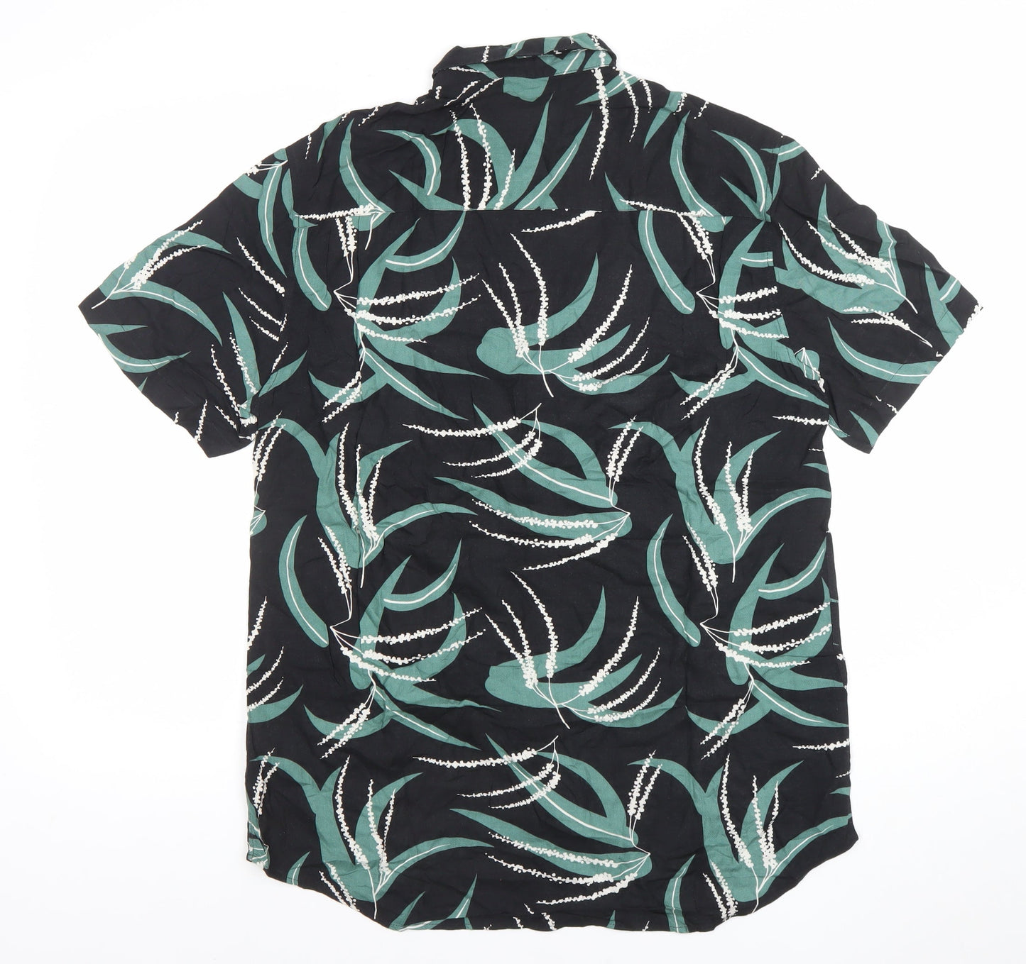 Topman Men's Black Green Floral Short Sleeve Button-Up Shirt M