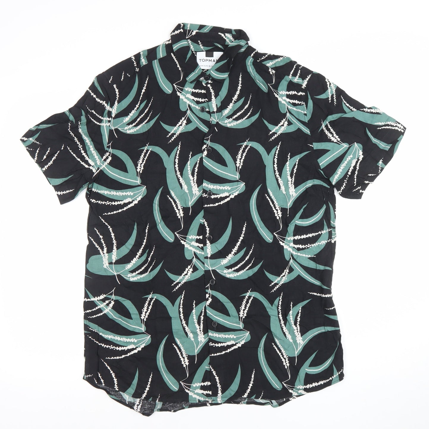 Topman Men's Black Green Floral Short Sleeve Button-Up Shirt M