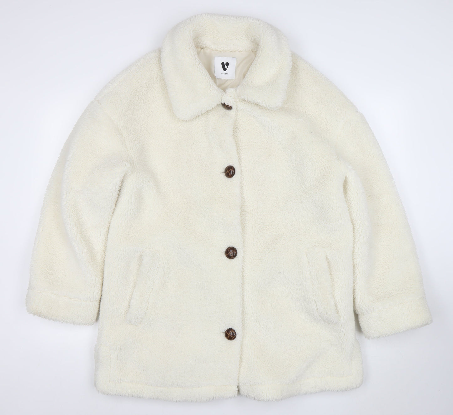 Very Women Ivory Fleece Button Coat Size 14 Winter Classic