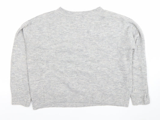 H&M Women's Grey Beaded Crew Neck Pullover Jumper Size S