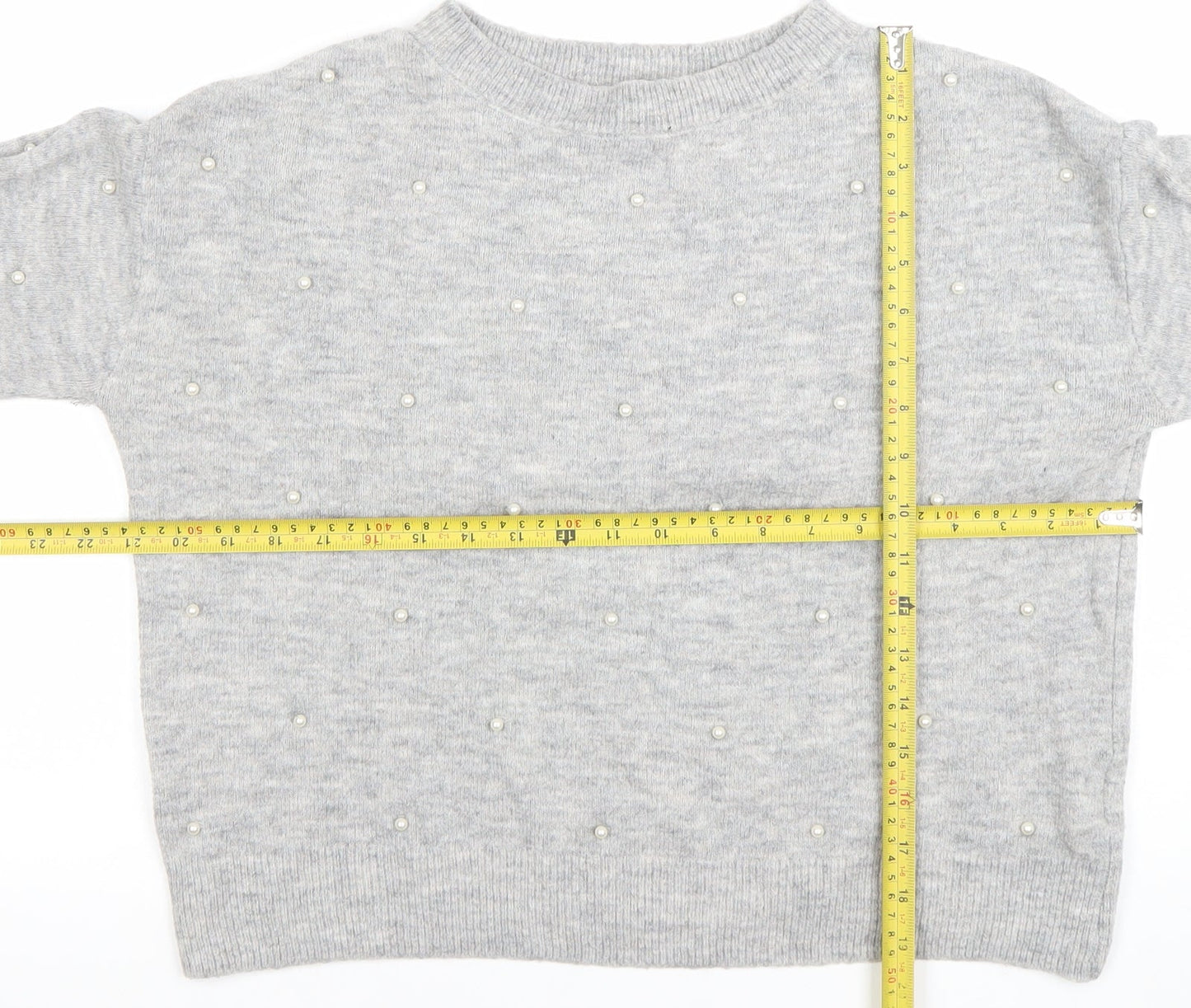 H&M Women's Grey Beaded Crew Neck Pullover Jumper Size S