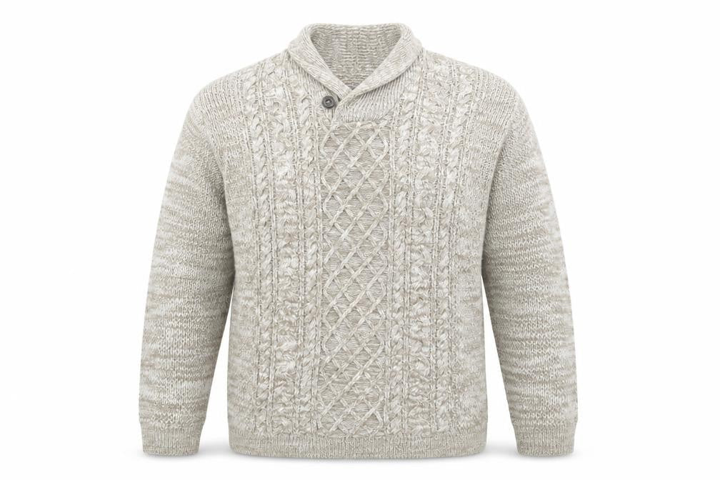 EASY Men's Beige 2XL Cable-Knit Collared Pullover Jumper