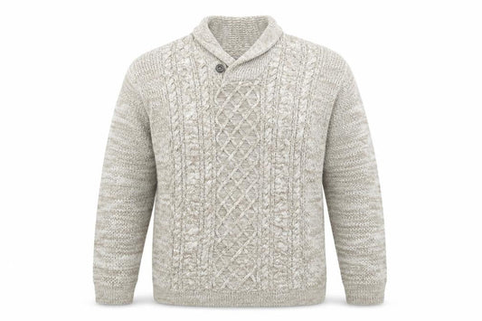 Front view of Easy Men's Beige 2XL Cable-Knit Collared jumper