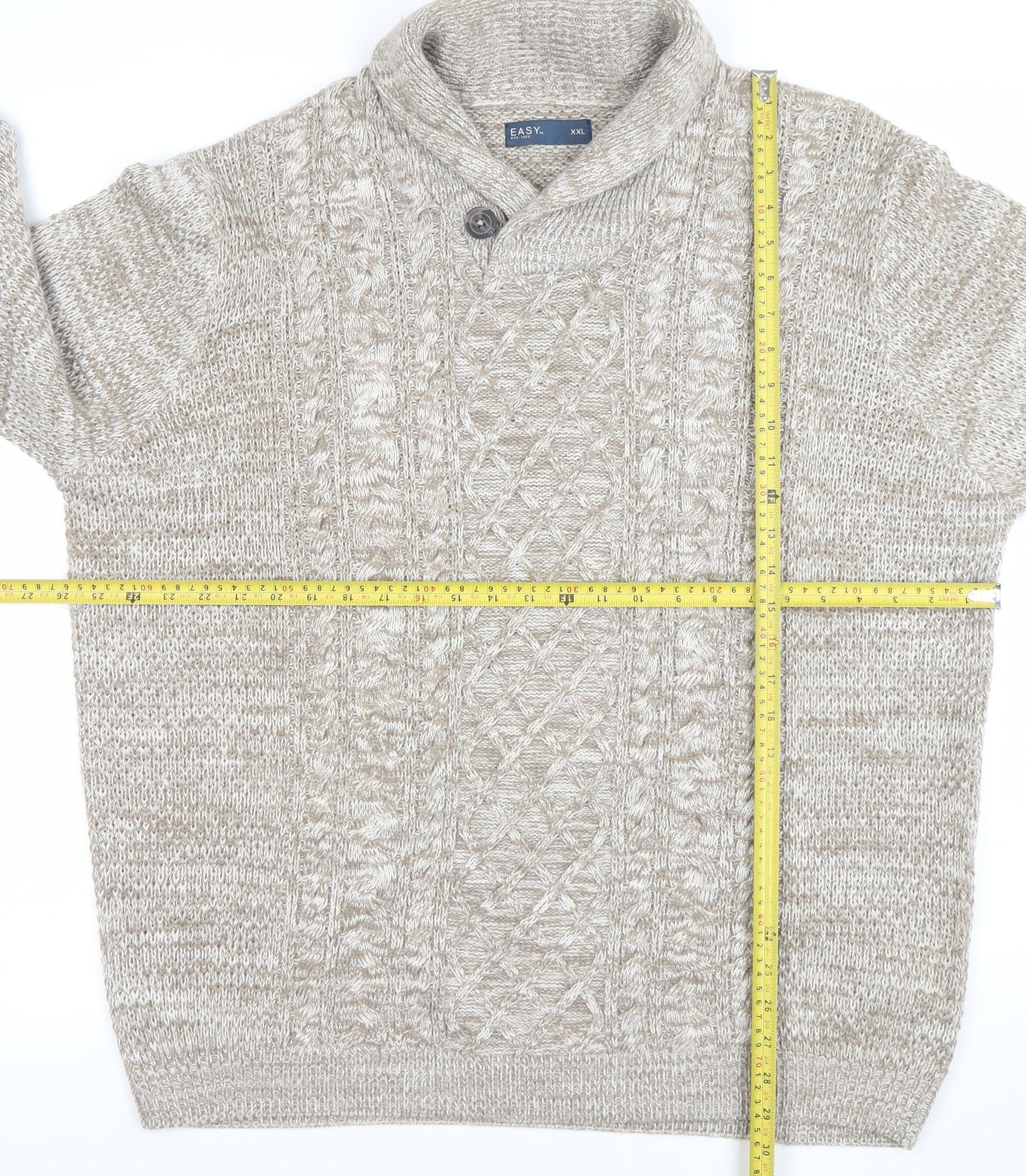 EASY Men's Beige 2XL Cable-Knit Collared Pullover Jumper
