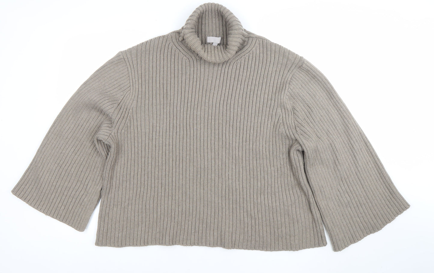 H&M Women’s Beige Ribbed Roll Neck Relaxed Fit Jumper Size L