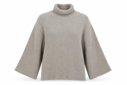 H&M Women’s Beige Ribbed Roll Neck Relaxed Fit Jumper Size L