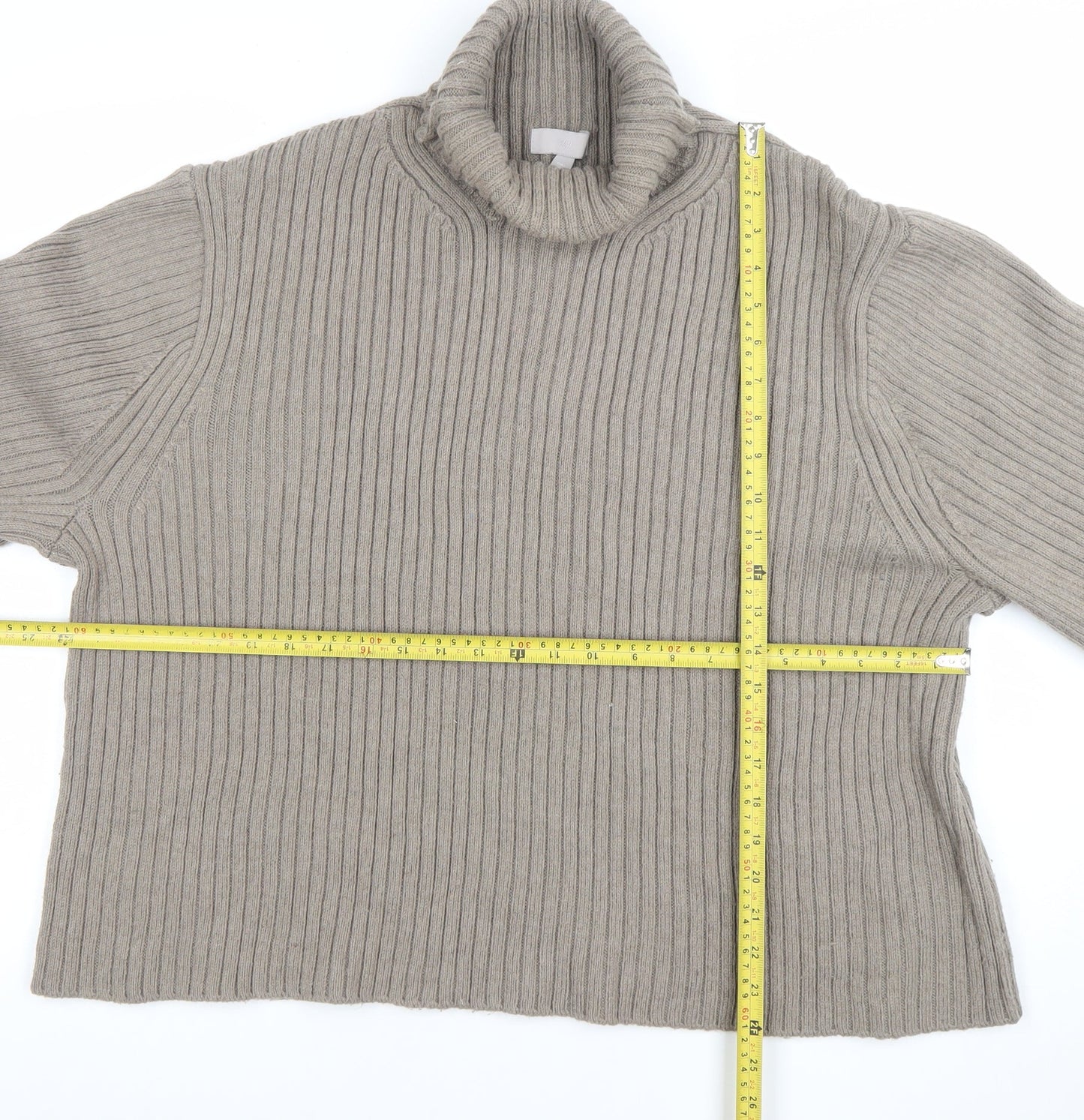 H&M Women’s Beige Ribbed Roll Neck Relaxed Fit Jumper Size L