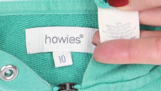 Howies Womens Green Full Zip Hoodie Size 10 Cotton Blend Casual
