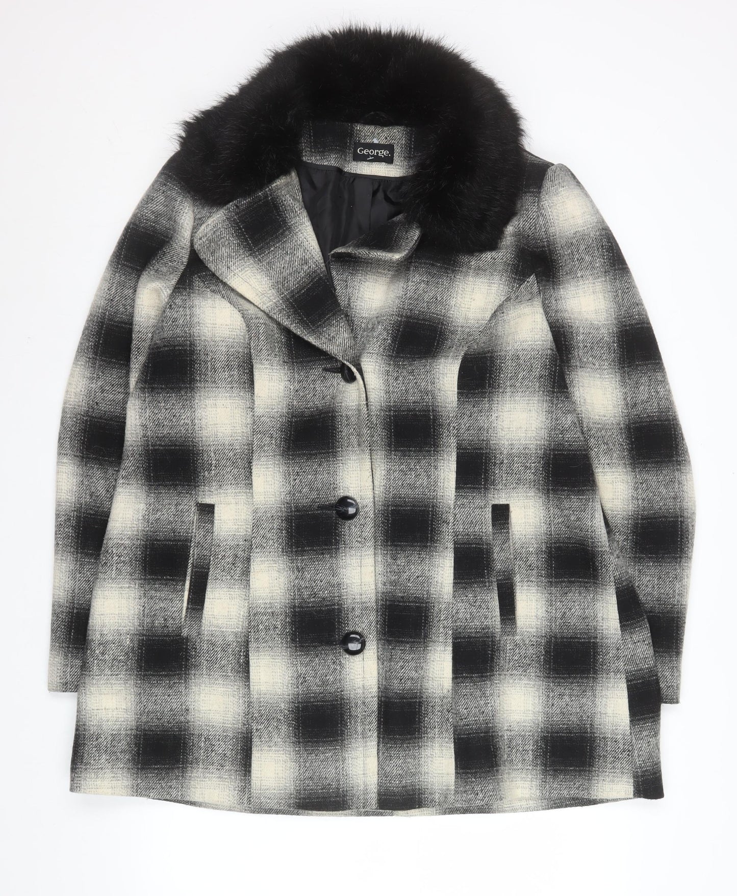 George Women’s Black Check Faux Fur Collar Mid-Length Coat Size 18