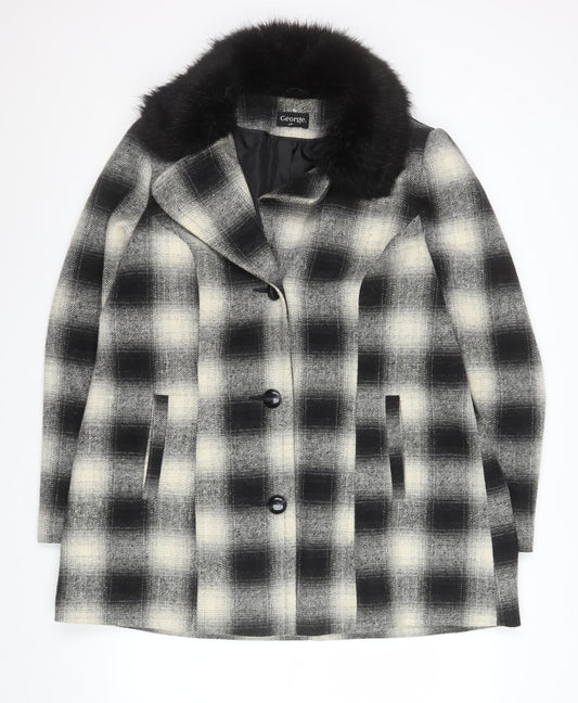 George Women’s Black Check Faux Fur Collar Mid-Length Coat Size 18