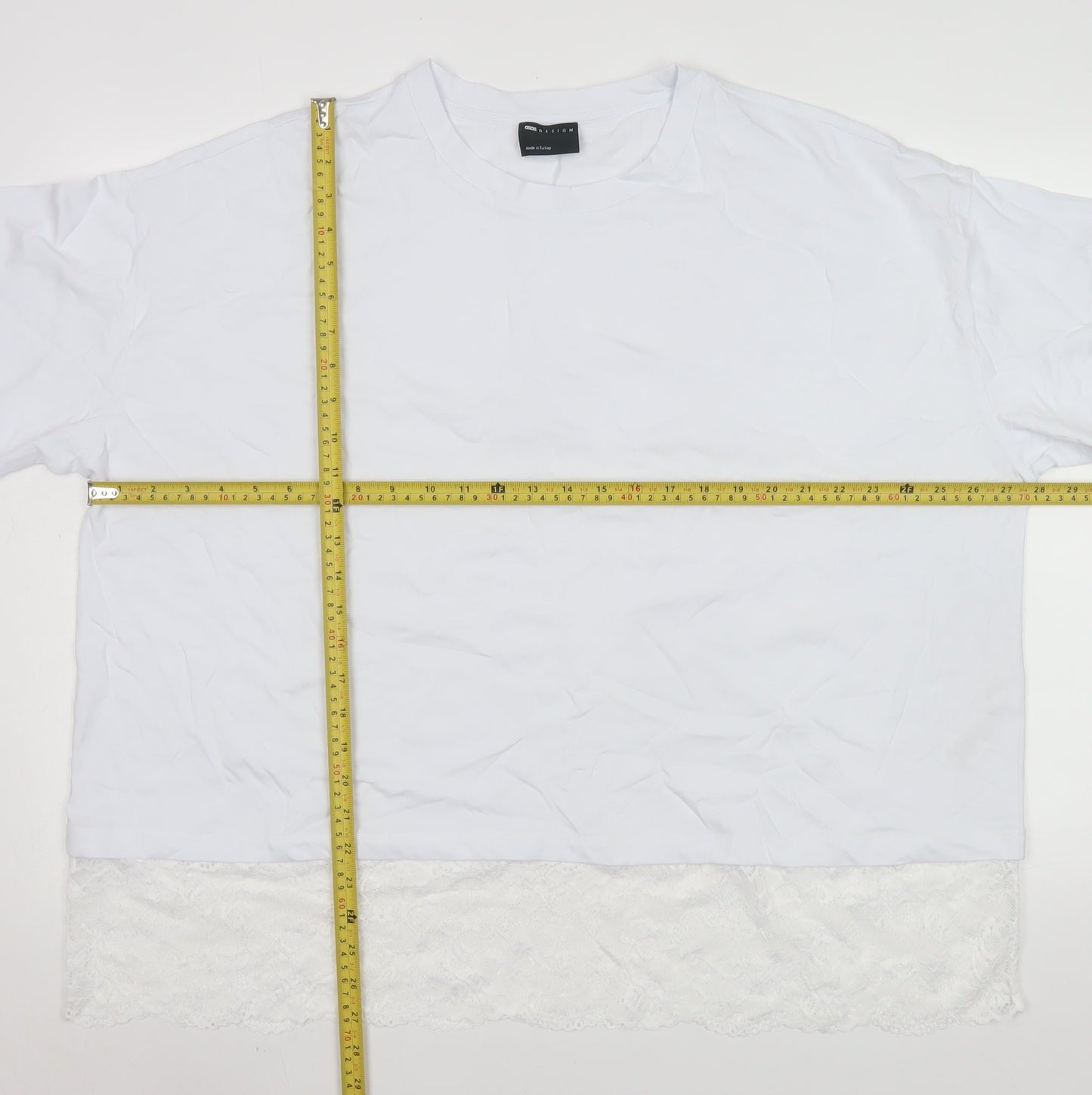 ASOS DESIGN Women’s White Lace Hem Short Sleeve Cotton T-Shirt Size L 16-18