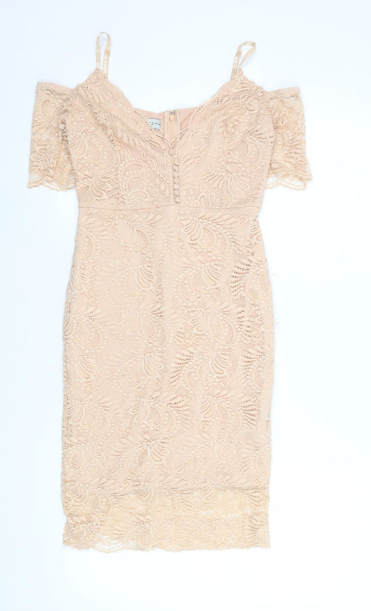 Guess Women Beige Lace Bodycon Cold Shoulder Dress XS