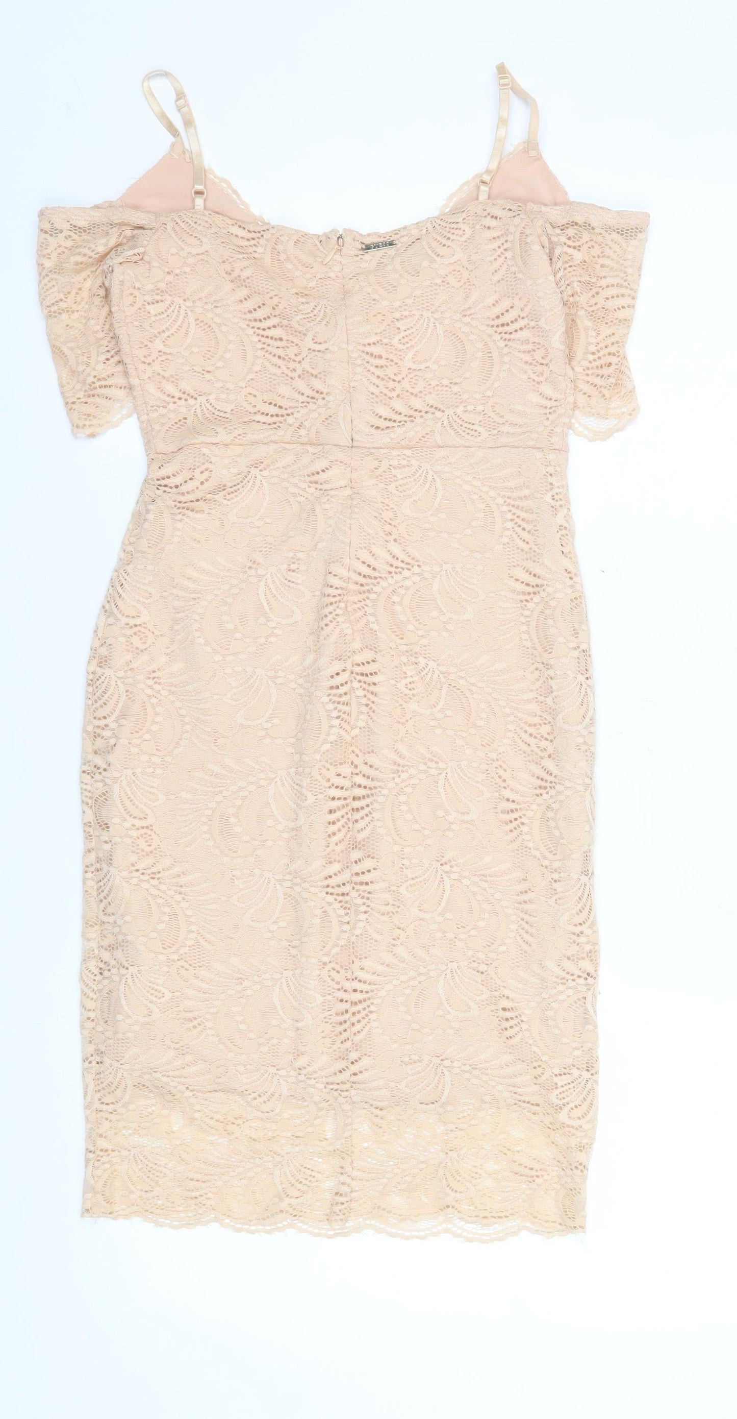 Guess Women Beige Lace Bodycon Cold Shoulder Dress XS